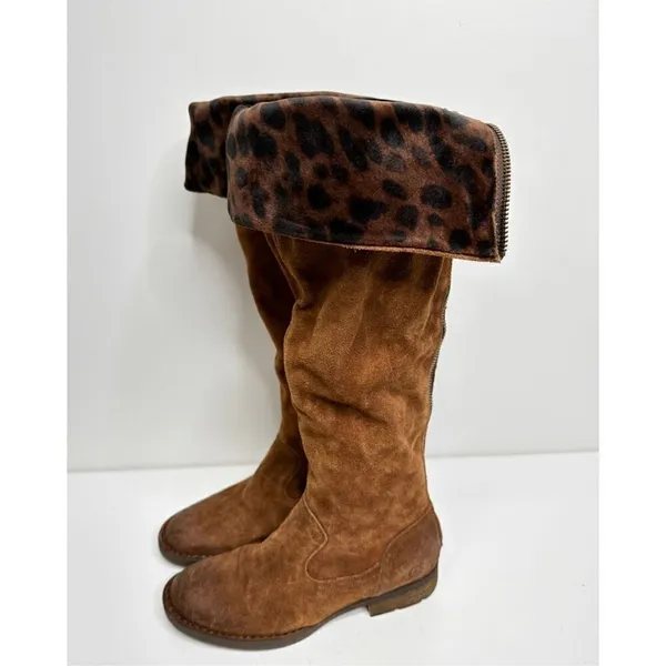 Born Malena‎ Tan Suede Leopard Print Cuff Tall Boots Back Zip 5.5M - Image 4