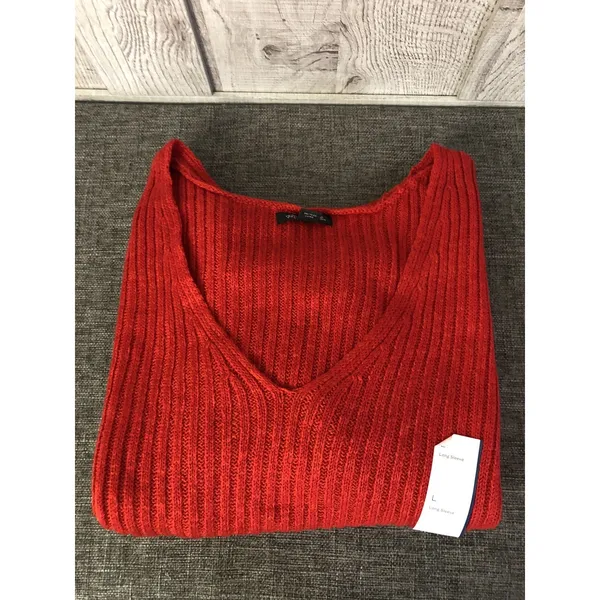 Wild Fable Red Ribbed V-Neck Sweater Long Sleeve Knit Top Large NEW - Image 3
