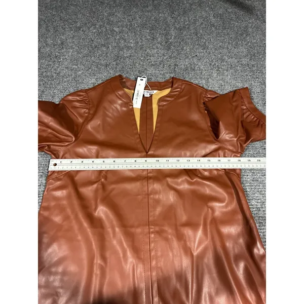 Steve Madden Cognac Brown Faux Leather V-Neck Puff Sleeve Mini Dress Size Medium - Image 7