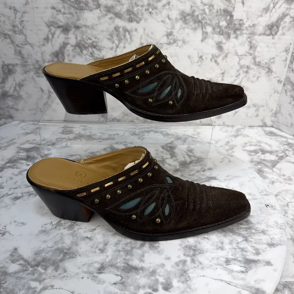 Cole Haan Western Heeled Mules Size 7 Brown Suede Turquoise Studded Butterfly - Image 3