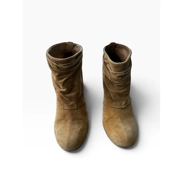 Tory Burch 8.5 Suede Ankle Boots Tan Slouchy Stiletto Gold Buckle Booties - Image 4