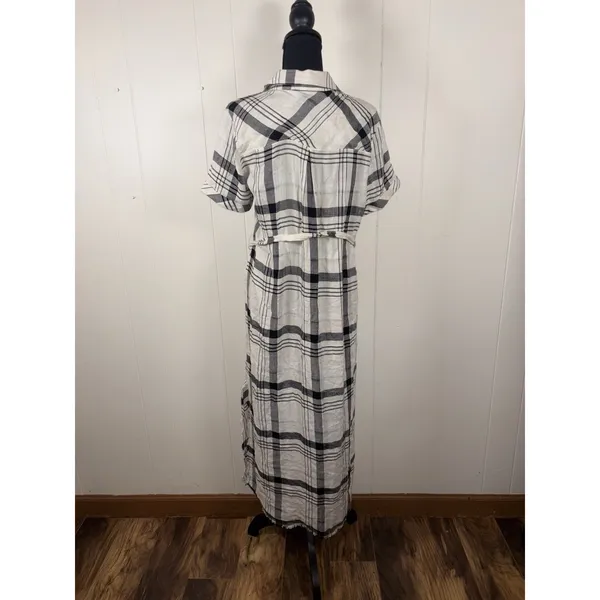 Anthropologie Cloth & Stone Hannah Shirtdress M Plaid‎ Short Sleeve Belted White - Image 3