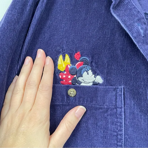 Vintage Disney Blue Corduroy Mickey & Minnie Embroidered Butterfly Down Shirt M - Image 7