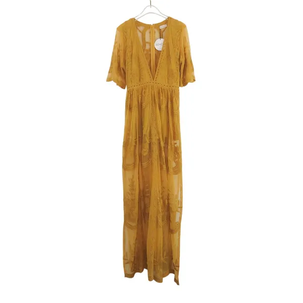 Anthropologie Sohcue Mustard Yellow Sheer Lace V-Neck Maxi Dress Small NWT - Image 3