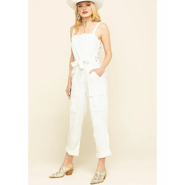 Free People Go West Utility Jumpsuit White Cargo Sleeveless Cutout Back‎ Small - Image 3