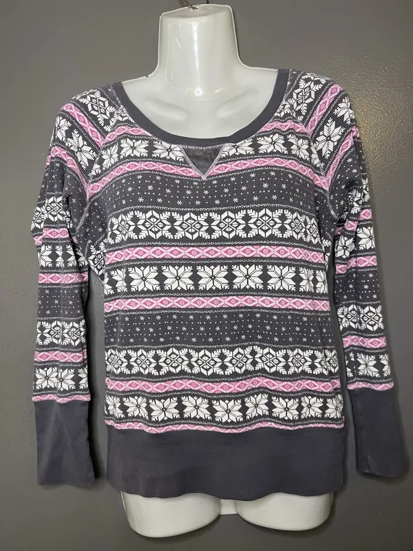 Victoria's Secret Thermal Shirt Womens Small Gray Fair Isle Scoop Neck Top - Image 2