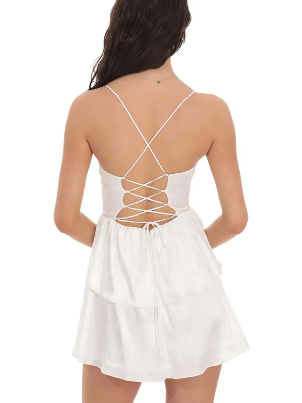 Lucy in the Sky Satin Jaquard Ruffle Mini Dress White Small NWT FLAW - Image 2