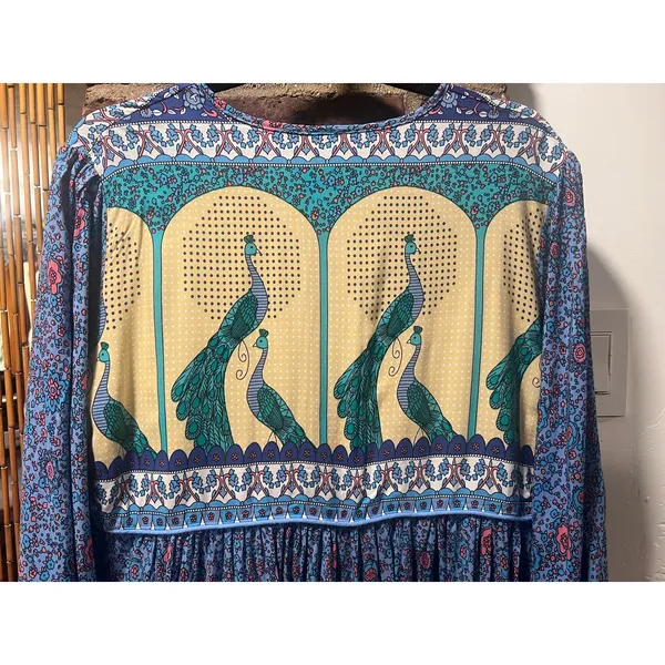 R. Vivimos Blue Peacock Floral Boho Tassel Midi Peasant Dress XL - Image 9