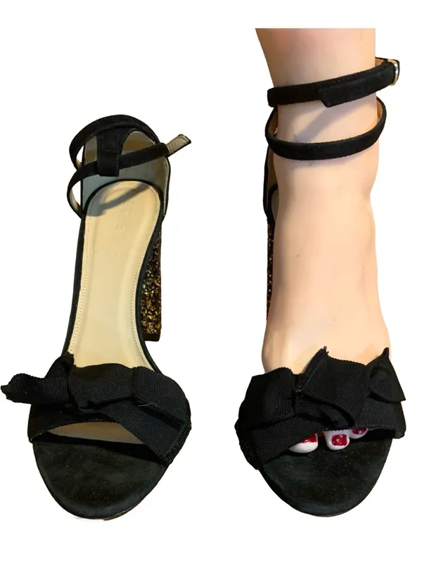 J. Crew Black Suede & Grossgrain Gold & Silver Glitter Block Heel Shoes (8.5) - Image 2