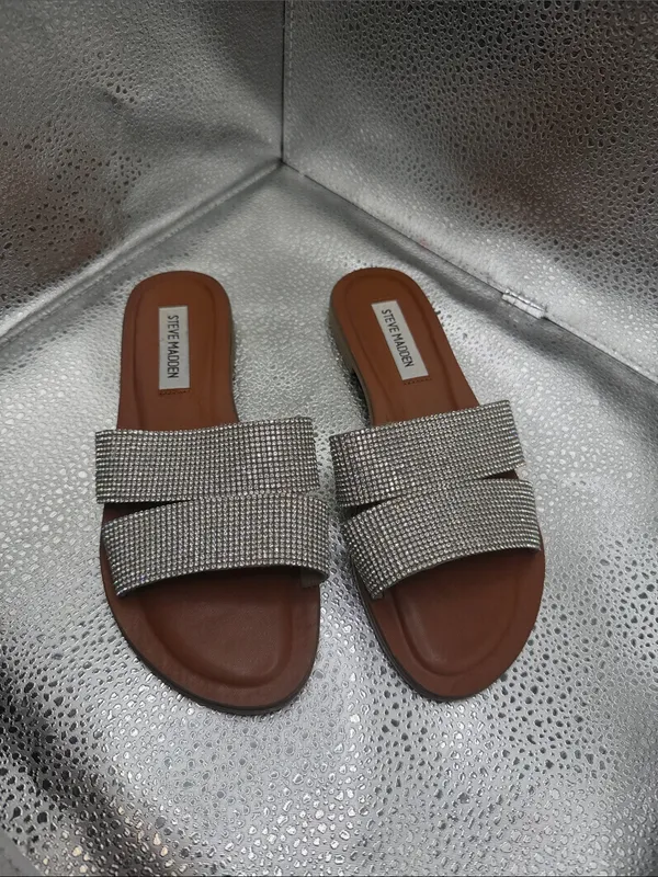 Steve Madden Brown Footbed Silver Crystal Double-Strap Slide Sandals - Image 3