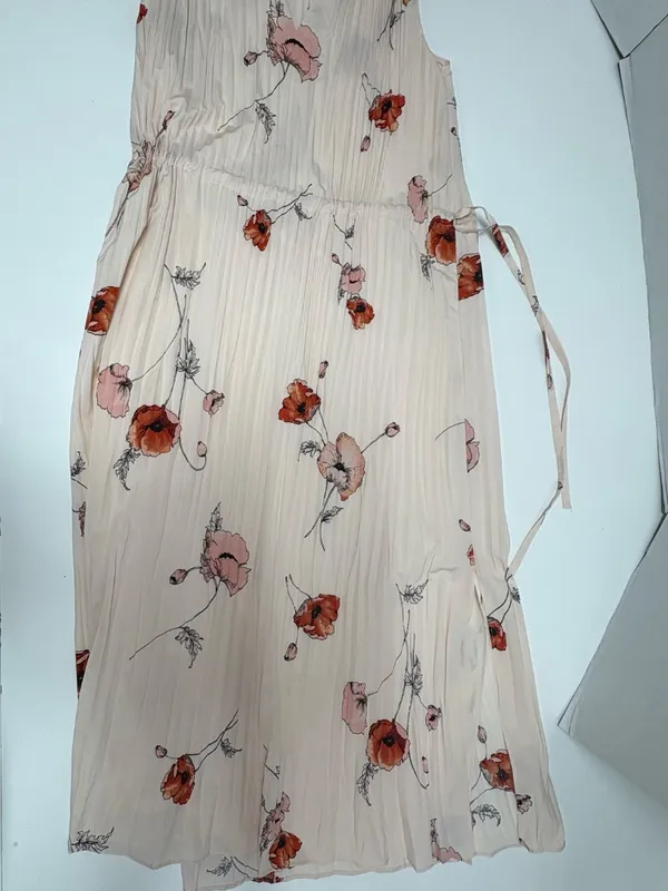 Vince‎ Tossed Poppy Pink V-Neck Pleated Midi Sleeveless Dress - Size S. - Image 14