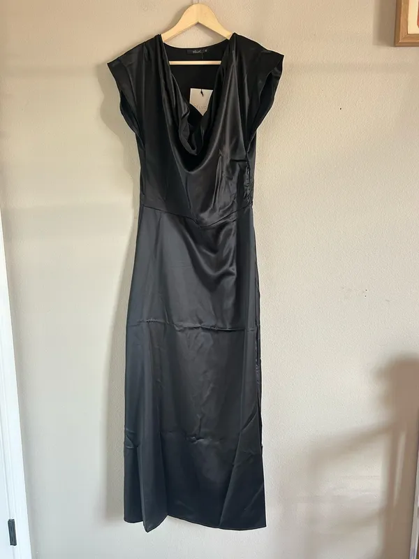 Deluc Dahlia Black Satin Cowl Neck evening Gown Medium - Image 3