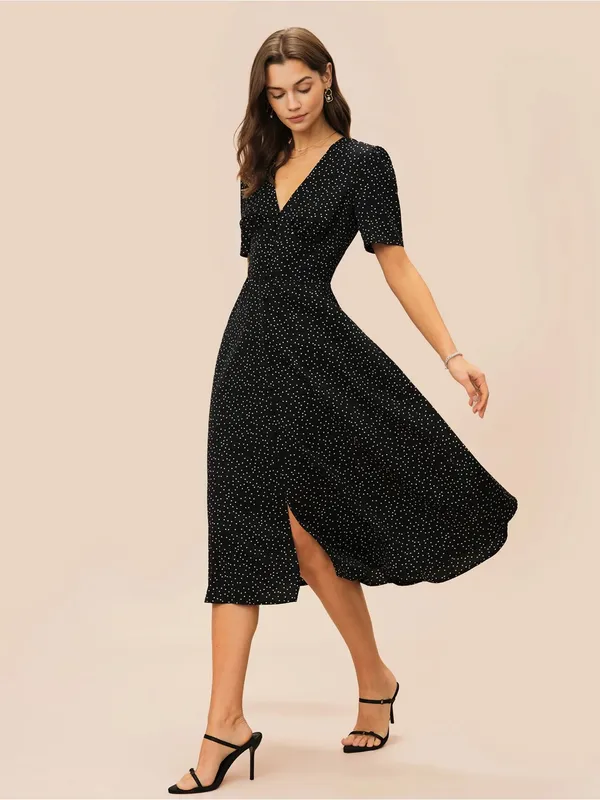 Rihoas Black V Neck Polka Dot Midi Dress - Image 5
