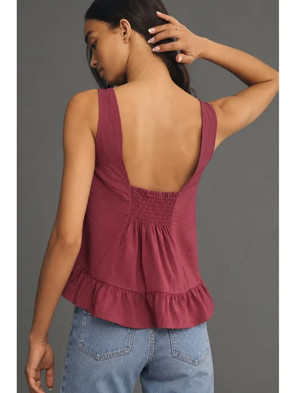 Maeve Anthropologie Smocked Ruffle Hem Swing Tank Top Burgundy Mauve Size M - Image 2
