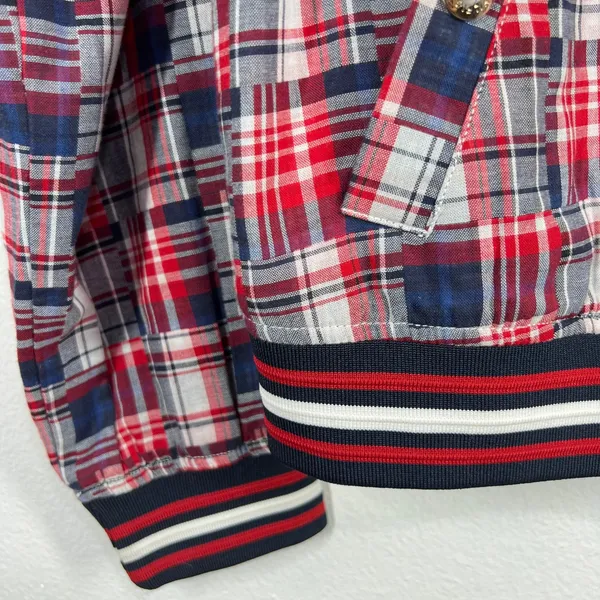Tommy Hilfiger Patchwork Plaid Varsity Jacket Red White Blue‎ Cotton Blend Large - Image 7