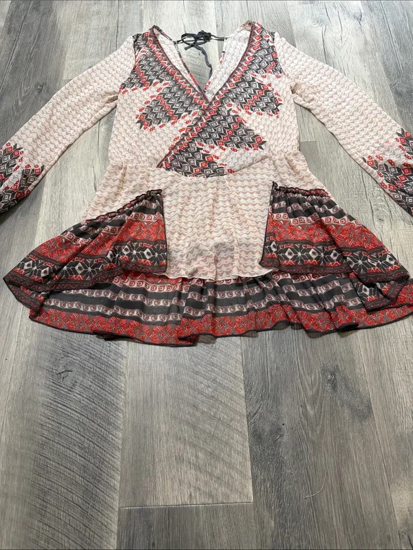 Free People Boho V-Neck Peplum Tunic with Red & Black Geometric Print - Image 5