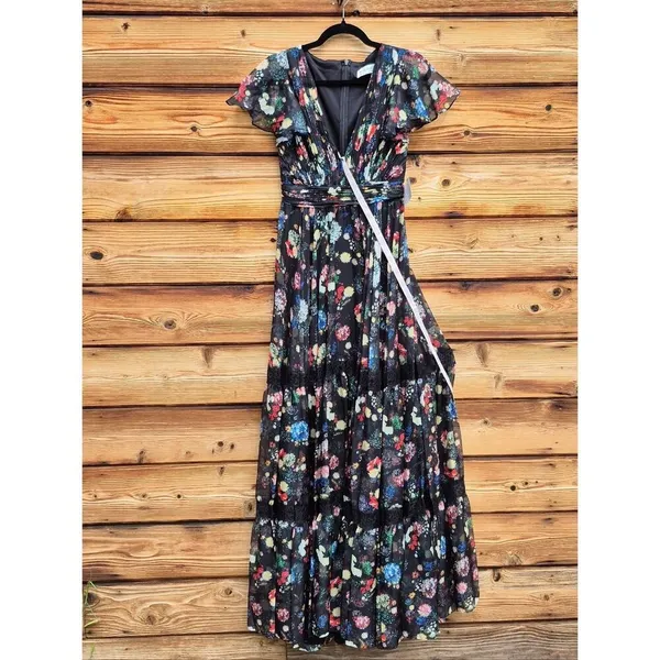Mac Duggal Size 2 Black Floral Plunge V Neck Lace Maxi Long Formal Gown Dress - Image 6