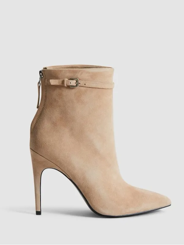 Reiss Ashton Pointed Toe Booties Stiletto Heel Suede Ankle Boots Tan - Image 2