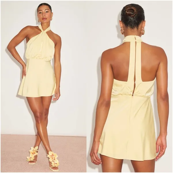 LULU’S Sleek Essence Light Yellow Satin Halter Sleeveless Mini Dress - Image 2