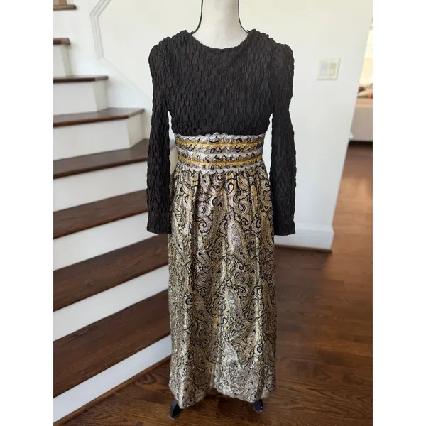 Vintage 70s Black & Metallic Gold Brocade Maxi Dress Matching Jacket Set - Image 2
