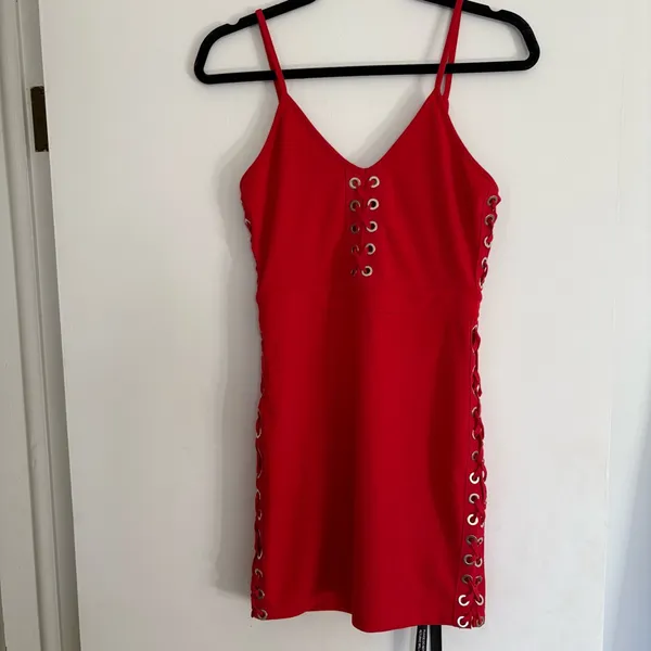 PrettyLittleThing Red Lace-Up Mini Dress - Image 4