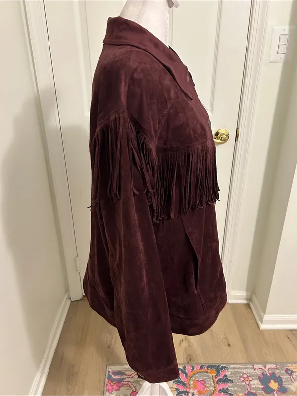 Free People Western Fringe Faux Suede Cosmic Karma Jacket In Wine Size Large - Image 9