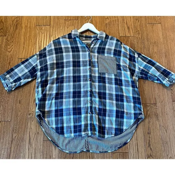 Anthropologie pilcro the letterpress blue plaid boyfriend collared flannel m/l - Image 5