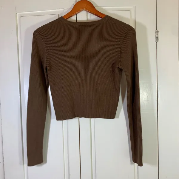 Brandy Melville Brown Shannon Ribbed V-Neck Button Cropped Cardigan Sweater - Image 7