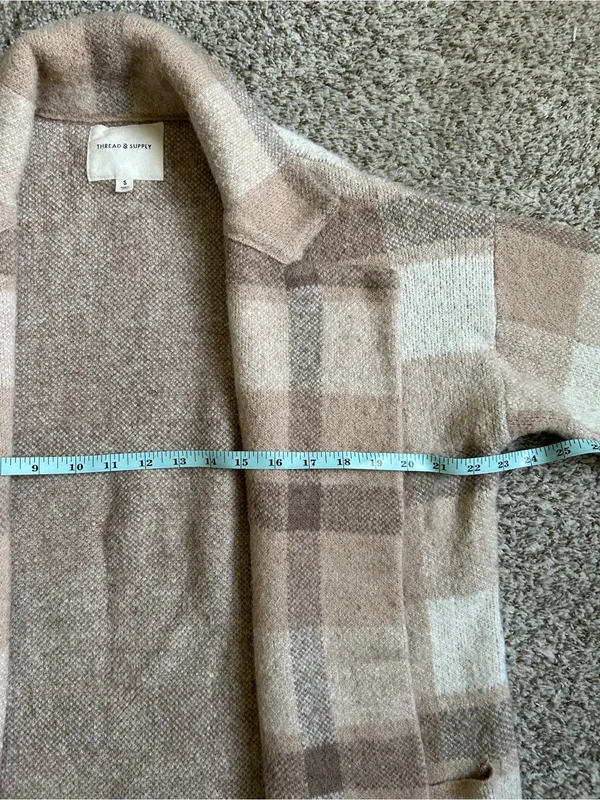 Thread & Supply Neutral Plaid Knit Cardigan Sweat Jacket Shacket Beige Taupe - Image 5