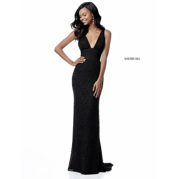 Sherri Hill 51641 Black Beaded V-Neck‎ Gown NWT Size 0 $798 - Image 2