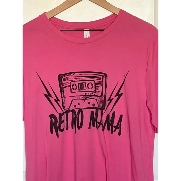 Womens Retro Mama Cassette Tape Graphic T Shirt Hot Pink Casual Tee Top - Image 2