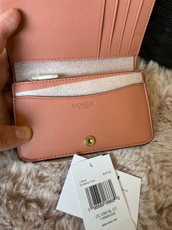COACH CR542 Essential Slim Card Case Signature Canvas Melon Pink Wallet NWT - Image 3