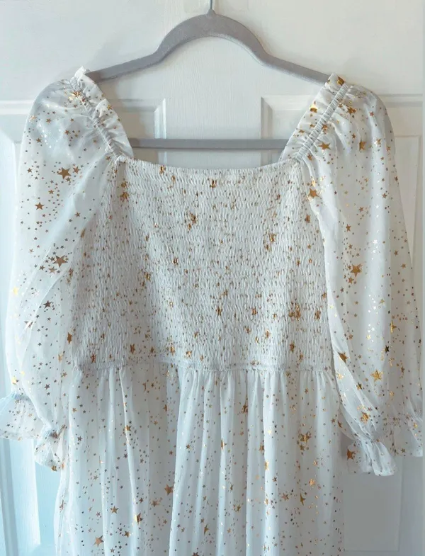 Square Neck Star Printed Smocked Midi Dress White - Image 4