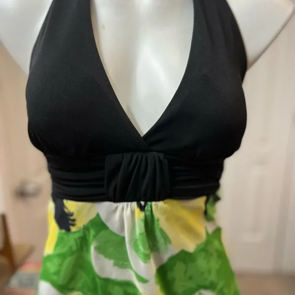 Bisou Bisou Miss Bisou Green Abstract Floral Halter Neck A-Line Maxi Dress Size S - Image 2