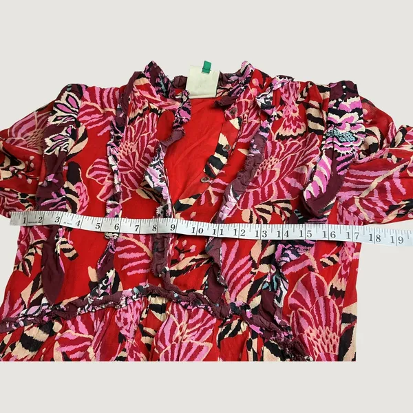 Farm Rio Red Tropical Tapestry Ruffle Tiered Mini Dress XS Floral Long Sleeve - Image 10