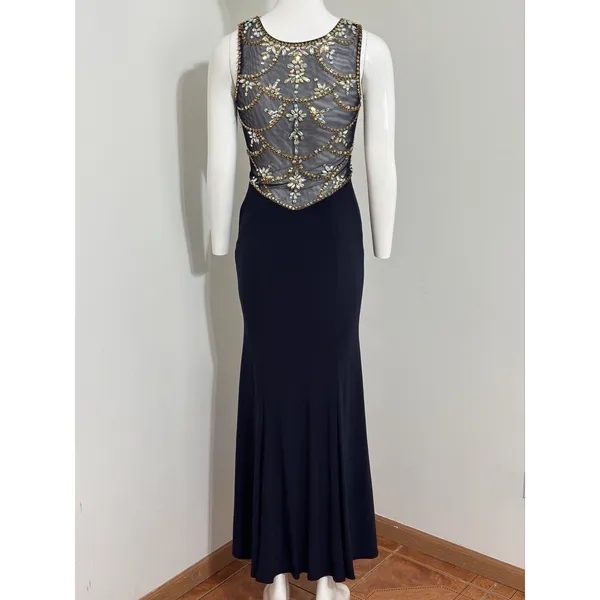 Betsy & Adam Maxi Dress Black Mesh Beaded Rhinestone Gown Sleeveless Crew Neck 2 - Image 5