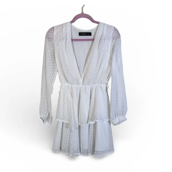 Lioness White Swiss Dot Tiered Mini Dress Womens S Boho Fairy Cottage Core Bride - Image 2