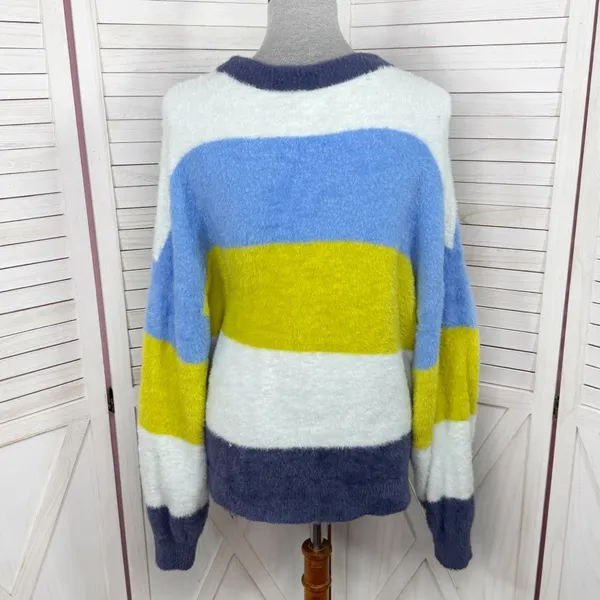 Aerie Flurry Rugby Stripes Fuzzy Oversized Crew Neck Sweater Blue Green Medium‎ - Image 7