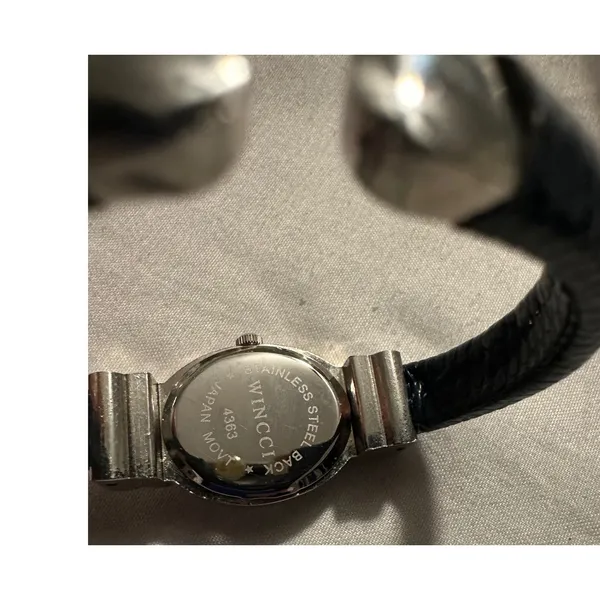Wincci Quartz Watch Silver Tone‎ Black Faux Leather Cuff Bracelet Japan Movt - Image 2
