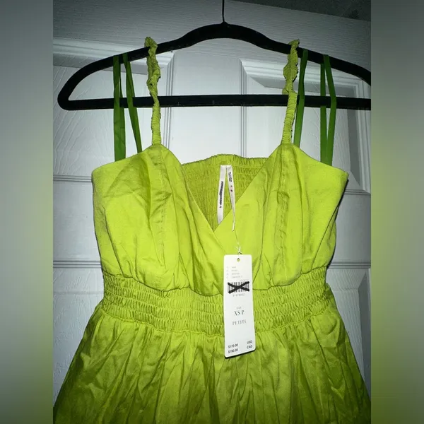 Anthropologie NWT V-Neck Tiered Bubble-Hem Dress Size XSP Lime 100% Cotton - Image 3
