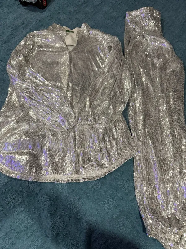 Josey Wynette Silver Sequin Long Sleeve V-Neck Blouse and Matching Jogger Set - Image 3
