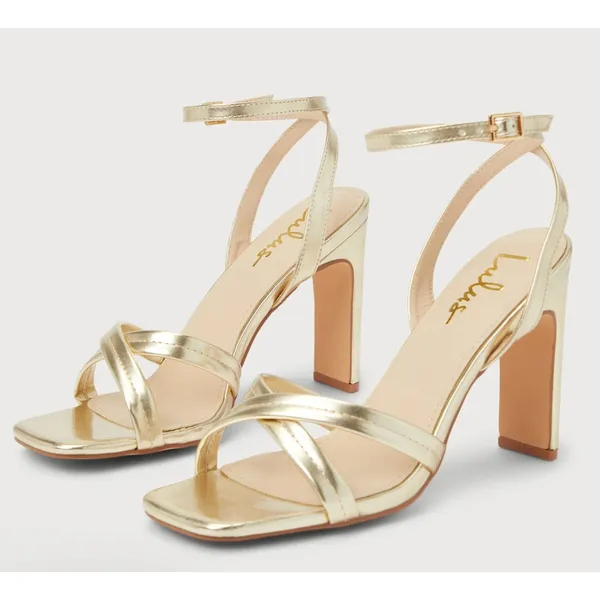 Lulus Milanii Square Toe Ankle Strap High Heel Sandals Metallic Gold 10 - Image 4