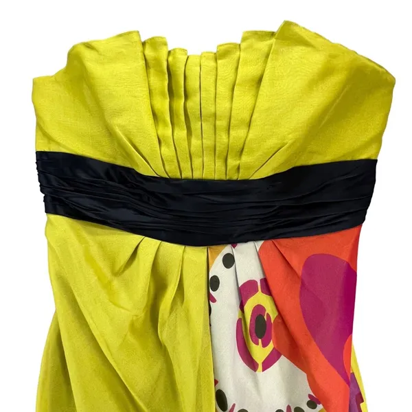 Kay Unger Y2K Dress 14 Chartreuse Yellow‎ Strapless Silk Floral Pleated Cocktail - Image 4