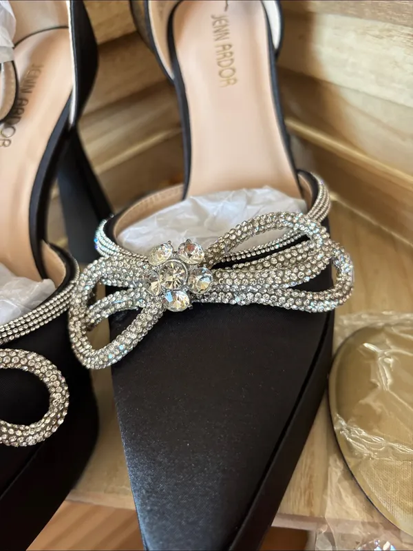 Jenn Ardor Black Satin Pointed-Toe Slingback Heels Crystal Bow 8.5 Brand New - Image 2
