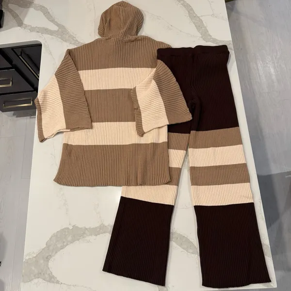 Free People Beach NWT Kami Hooded Sweater Set Womens Small Brown/Cream Oversized - Image 5