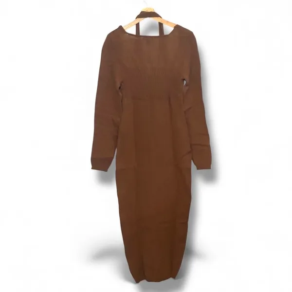 PrettyLittleThing Brown Long Sleeved Knit Dress/a Halter Style Keyhole Neck Xl - Image 5