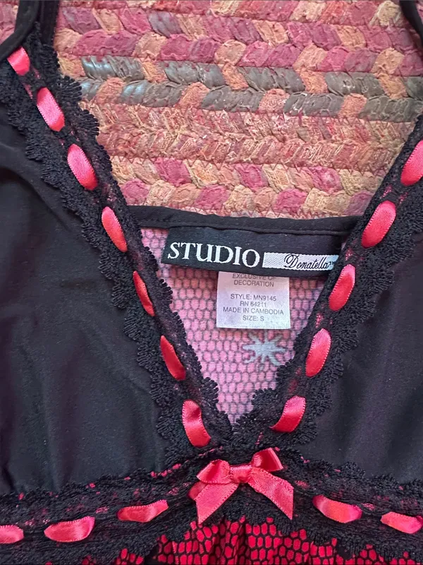 Y2K Studio Donatella BABY DOLL V NECK CAMI with RED LACE PRINT Trim - Image 2