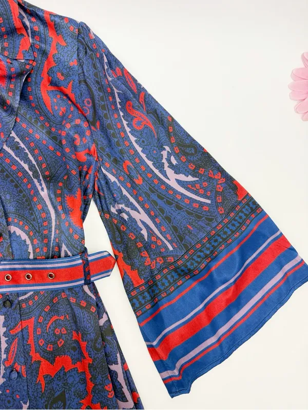 Hermoza Gabriela Printed Satin Belted Dress Midnight Blue Red - Image 8