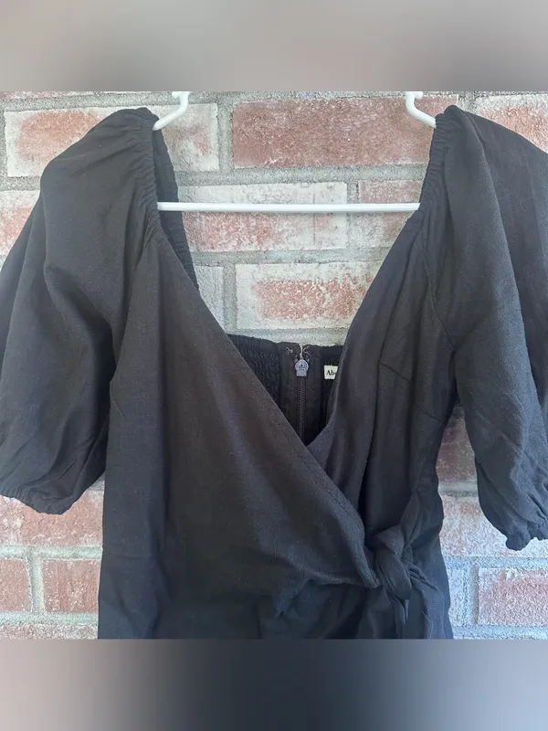 Abercrombie Fitch Faux Wrap Dress Linen Blend Black Women’s Small Puff Sleeve - Image 2