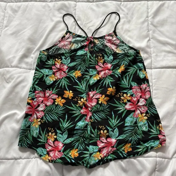 Womens Size Medium Black Green Tank‎ Top Blouse Hawaiian Summer Beach Floral - Image 6